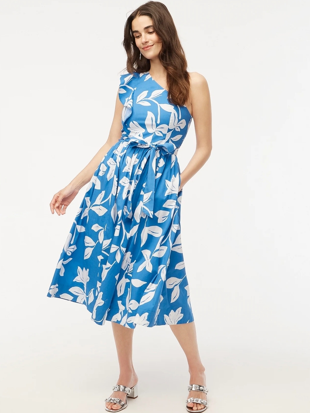 J. Crew Factory Blue and White One-Shoulder Floral Midi Dress - Picture 2 of 7